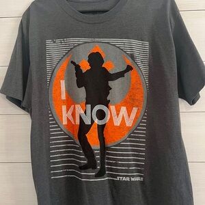 Disney‎ Parks Hanes Han Solo “I KNOW”Star Wars Gray and Orange Short Sleeve Tee